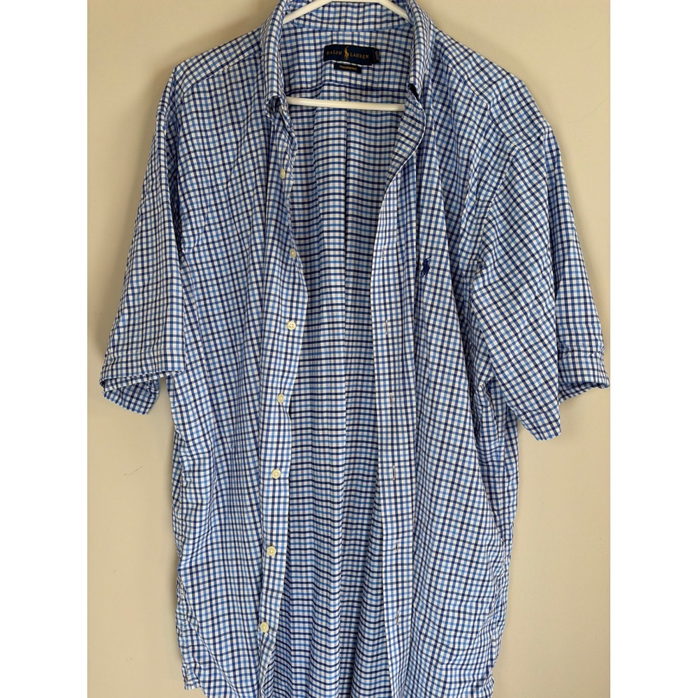 Ralph Lauren Performance Mens Blue Gingham Short Sleeve Button Down Shirt XLT